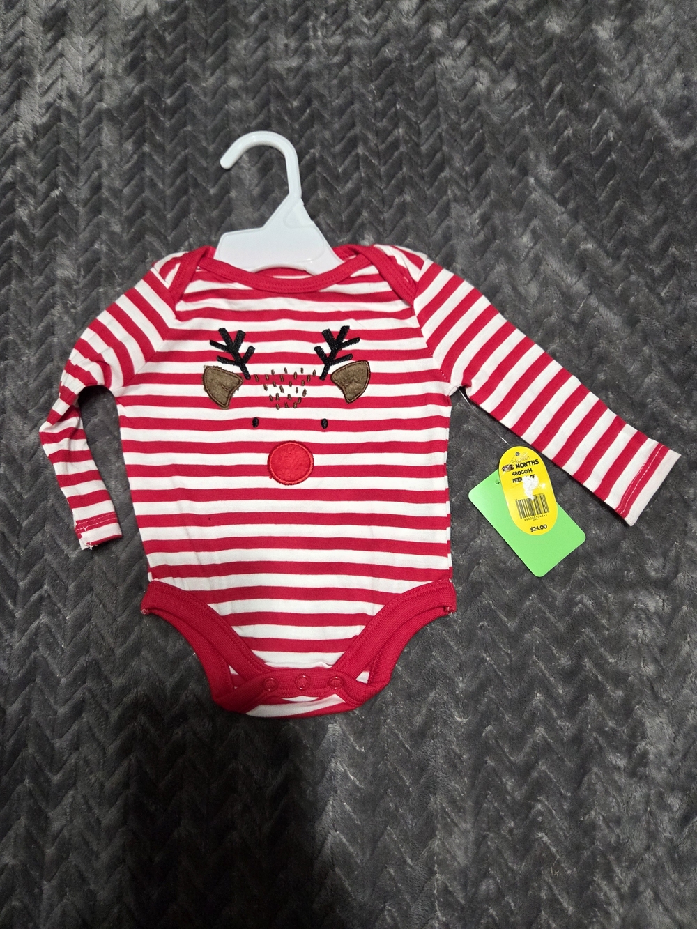 Red & White Striped Reindeer Long-Sleeve Baby Bodysuit